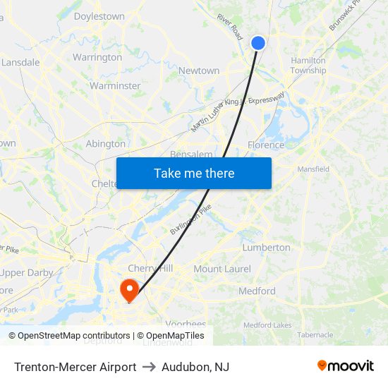 Trenton-Mercer Airport to Audubon, NJ map