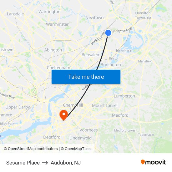 Sesame Place to Audubon, NJ map