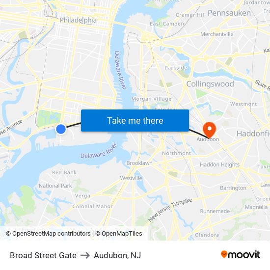 Broad Street Gate to Audubon, NJ map