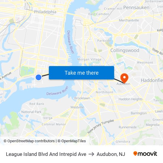 League Island Blvd And Intrepid Ave to Audubon, NJ map