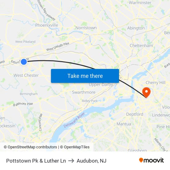 Pottstown Pk & Luther Ln to Audubon, NJ map