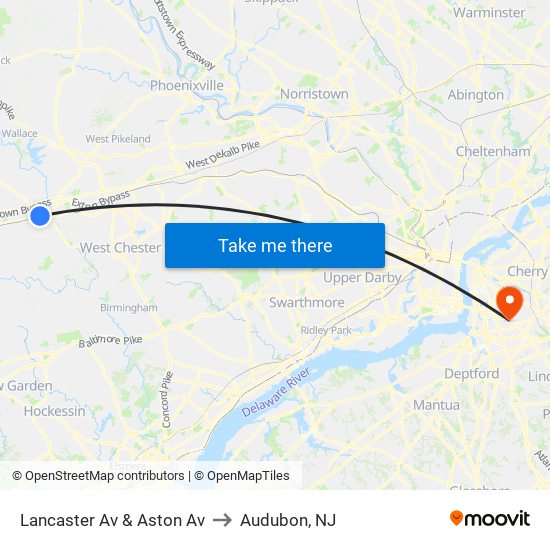 Lancaster Av & Aston Av to Audubon, NJ map