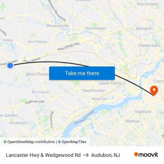Lancaster Hwy & Wedgewood Rd to Audubon, NJ map
