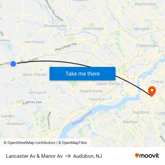 Lancaster Av & Manor Av to Audubon, NJ map