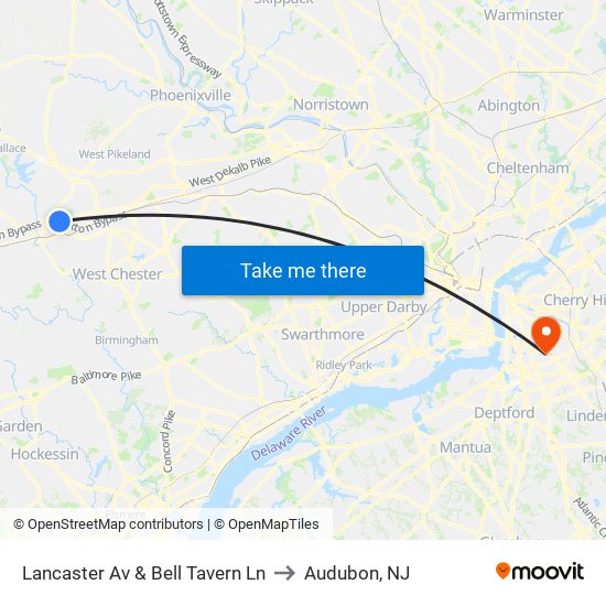 Lancaster Av & Bell Tavern Ln to Audubon, NJ map