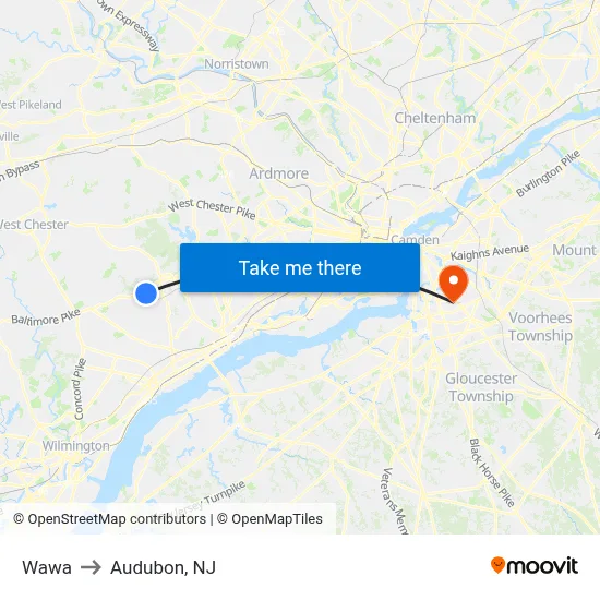 Wawa to Audubon, NJ map