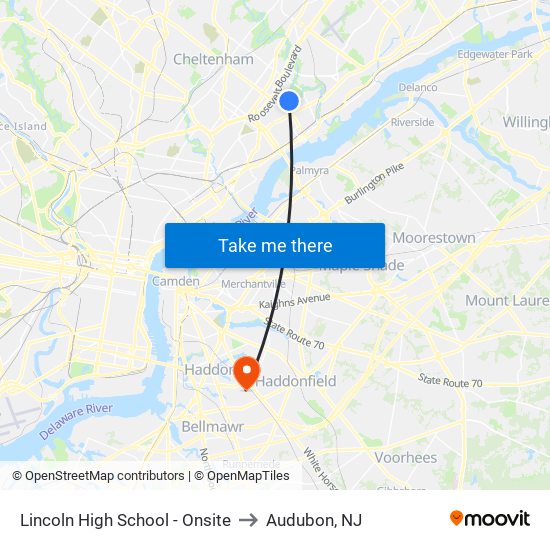 Lincoln High School - Onsite to Audubon, NJ map