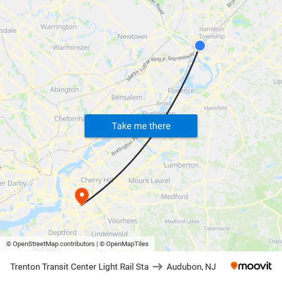 Trenton Transit Center Light Rail Sta to Audubon, NJ map