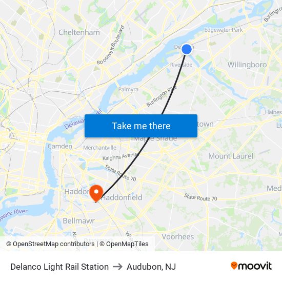 Delanco Light Rail Station to Audubon, NJ map