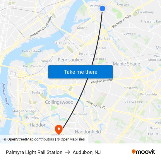 Palmyra Light Rail Station to Audubon, NJ map