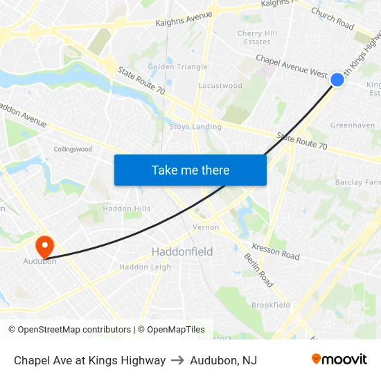 Chapel Ave at Kings Highway to Audubon, NJ map