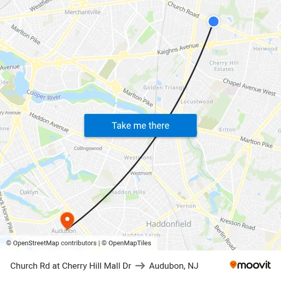 Church Rd at Cherry Hill Mall Dr to Audubon, NJ map