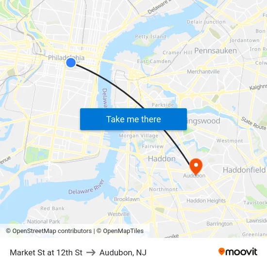 Market St at 12th St to Audubon, NJ map
