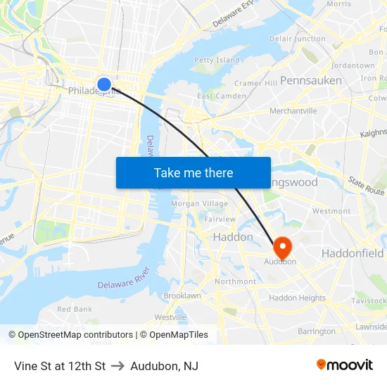 Vine St at 12th St to Audubon, NJ map