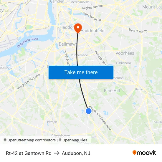 Rt-42 at Gantown Rd to Audubon, NJ map