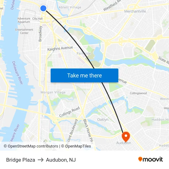 Bridge Plaza to Audubon, NJ map