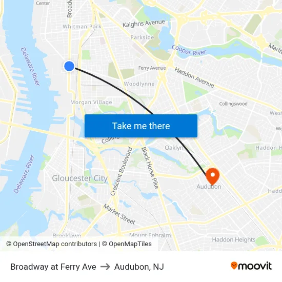 Broadway at Ferry Ave to Audubon, NJ map