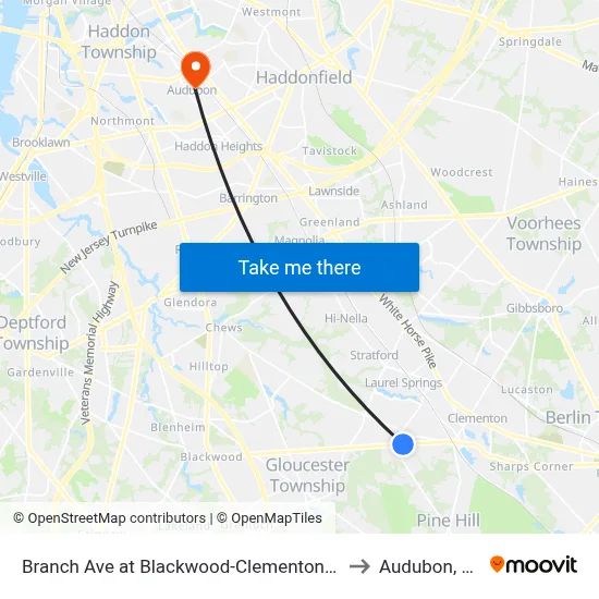 Branch Ave at Blackwood-Clementon Rd to Audubon, NJ map