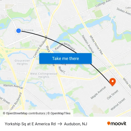 Yorkship Sq at E America Rd to Audubon, NJ map