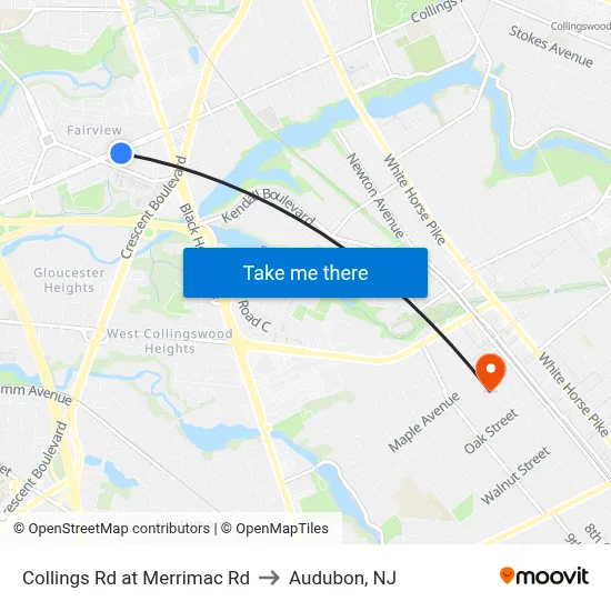 Collings Rd at Merrimac Rd to Audubon, NJ map