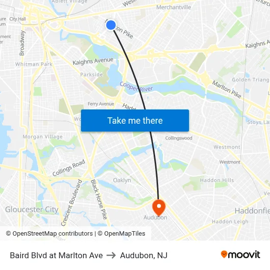 Baird Blvd at Marlton Ave to Audubon, NJ map