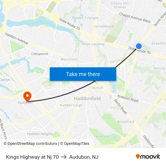 Kings Highway at Nj 70 to Audubon, NJ map