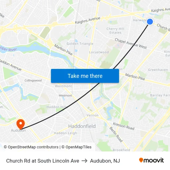 Church Rd at South Lincoln Ave to Audubon, NJ map
