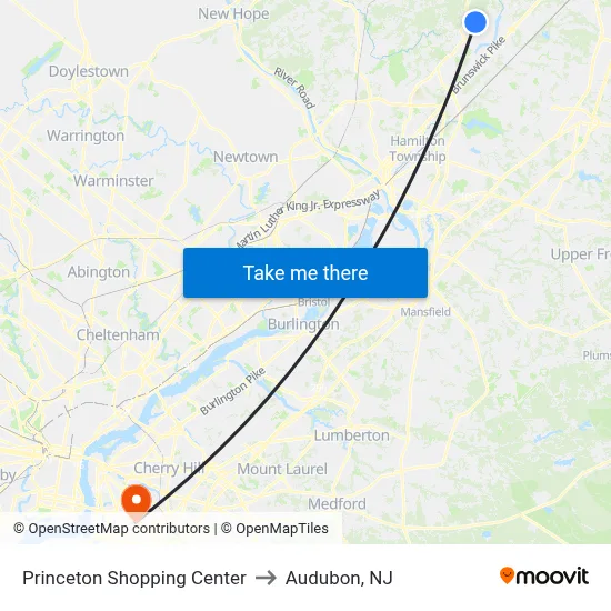 Princeton Shopping Center to Audubon, NJ map