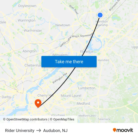 Rider University to Audubon, NJ map