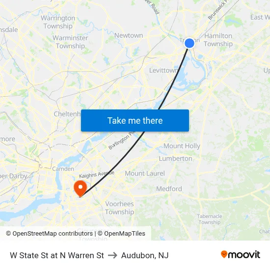 W State St at N Warren St to Audubon, NJ map