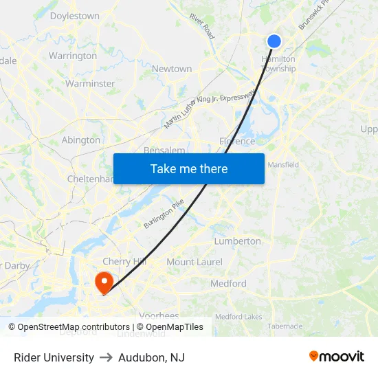 Rider University to Audubon, NJ map
