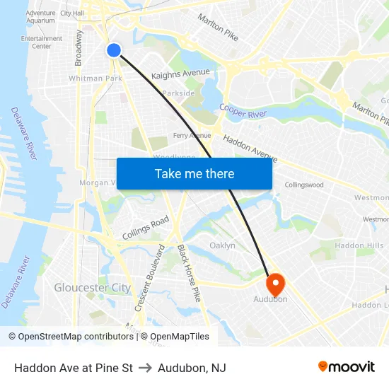 Haddon Ave at Pine St to Audubon, NJ map