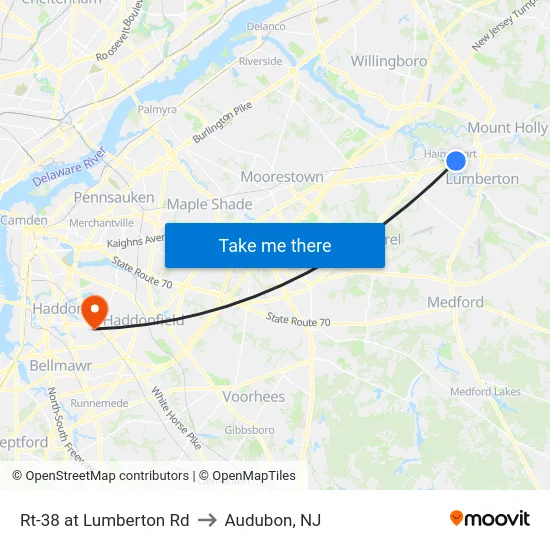 Rt-38 at Lumberton Rd to Audubon, NJ map