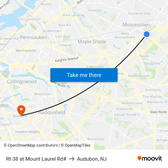 Rt-38 at Mount Laurel Rd# to Audubon, NJ map