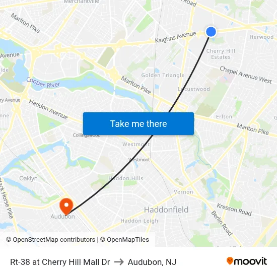 Rt-38 at Cherry Hill Mall Dr to Audubon, NJ map