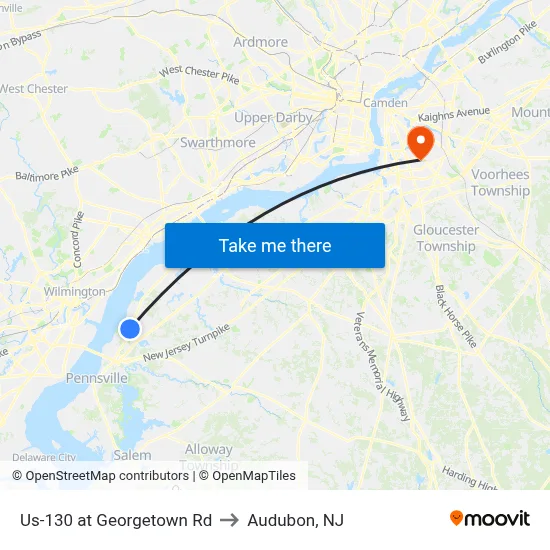Us-130 at Georgetown Rd to Audubon, NJ map