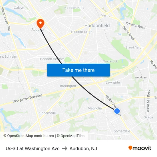 Us-30 at Washington Ave to Audubon, NJ map