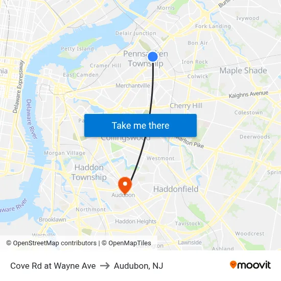 Cove Rd at Wayne Ave to Audubon, NJ map