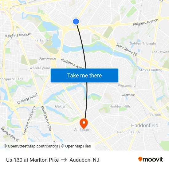 Us-130 at Marlton Pike to Audubon, NJ map