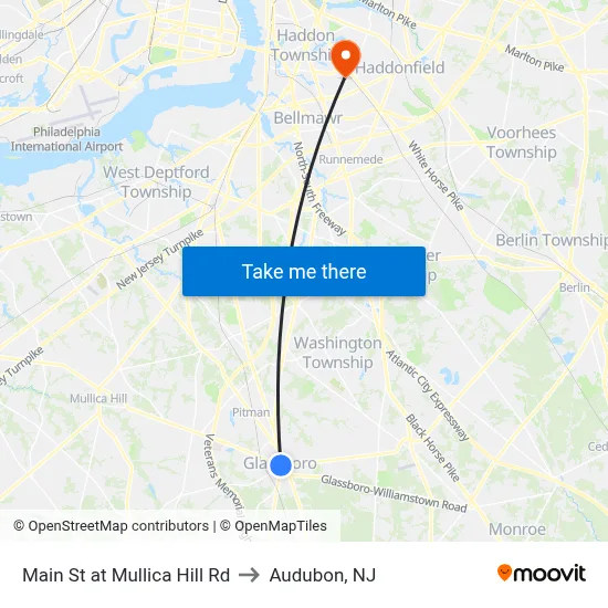Main St at Mullica Hill Rd to Audubon, NJ map