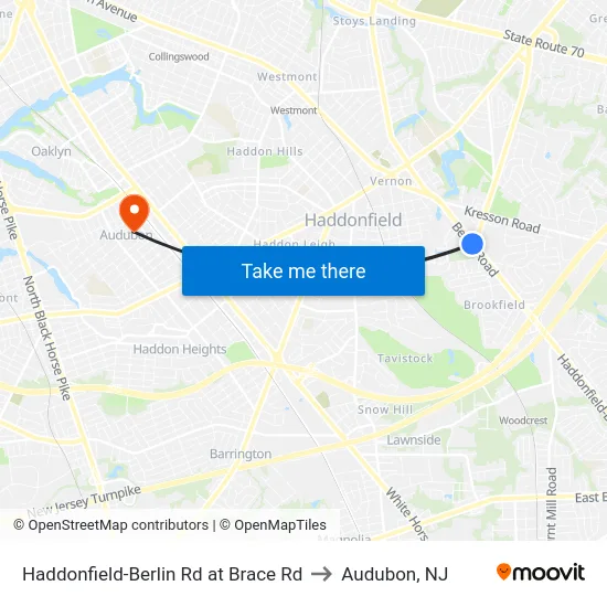 Haddonfield-Berlin Rd at Brace Rd to Audubon, NJ map