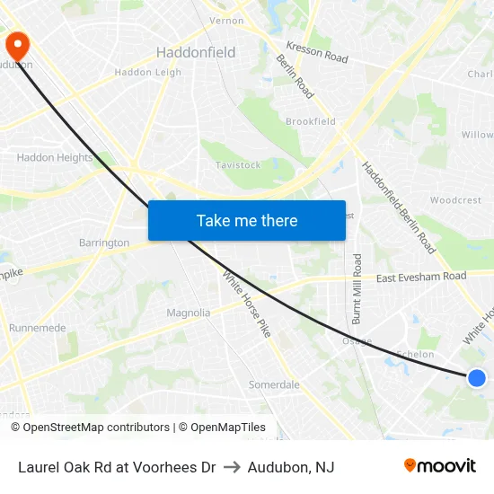 Laurel Oak Rd at Voorhees Dr to Audubon, NJ map