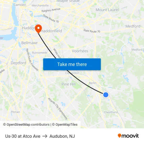 Us-30 at Atco Ave to Audubon, NJ map
