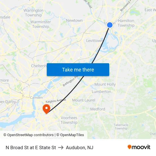 N Broad St at E State St to Audubon, NJ map