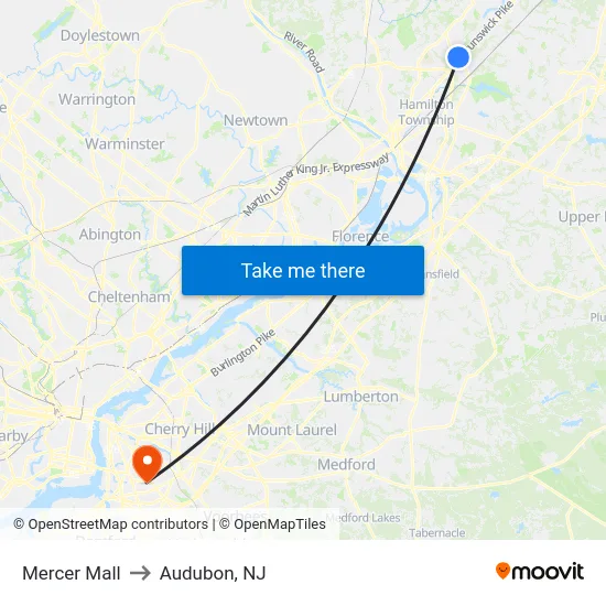 Mercer Mall to Audubon, NJ map