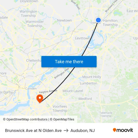 Brunswick Ave at N Olden Ave to Audubon, NJ map