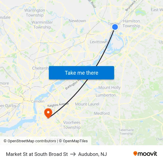 Market St at South Broad St to Audubon, NJ map