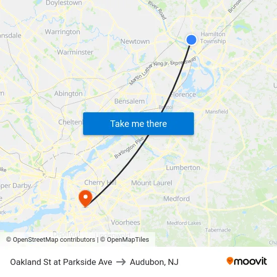 Oakland St at Parkside Ave to Audubon, NJ map
