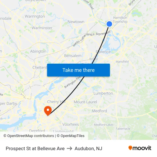 Prospect St at Bellevue Ave to Audubon, NJ map