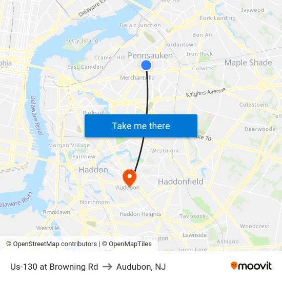 Us-130 at Browning Rd to Audubon, NJ map